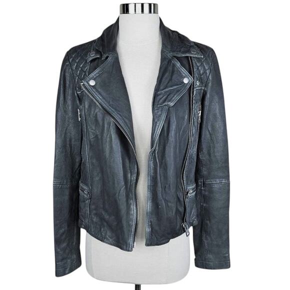 AllSaints Cargo Distressed Leather Biker Jacket Black/Gray EU 34, US 2 - Picture 4 of 14